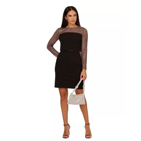 Aidan By Adrianna Papell Black Mesh Long Sleeve Sheath Dress Size 12 - Picture 1 of 9